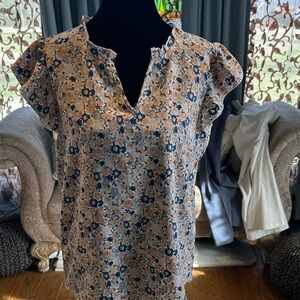 Floral Flutter Sleeve Blouse - Blue & Peach